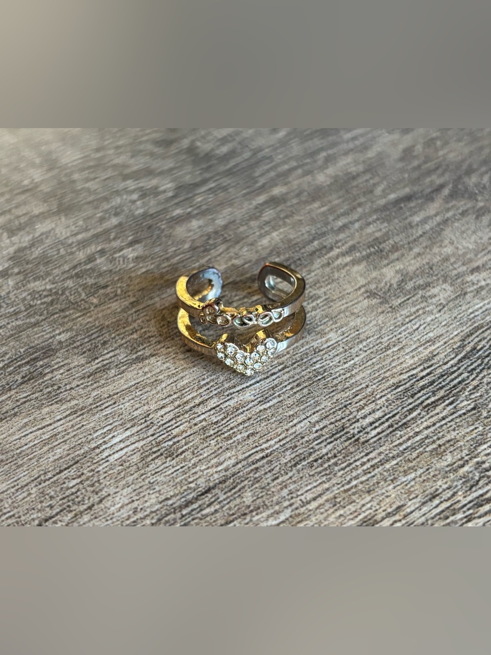 Women’s gold tone and rhinestone encrusted heart love monogram adjustable ring